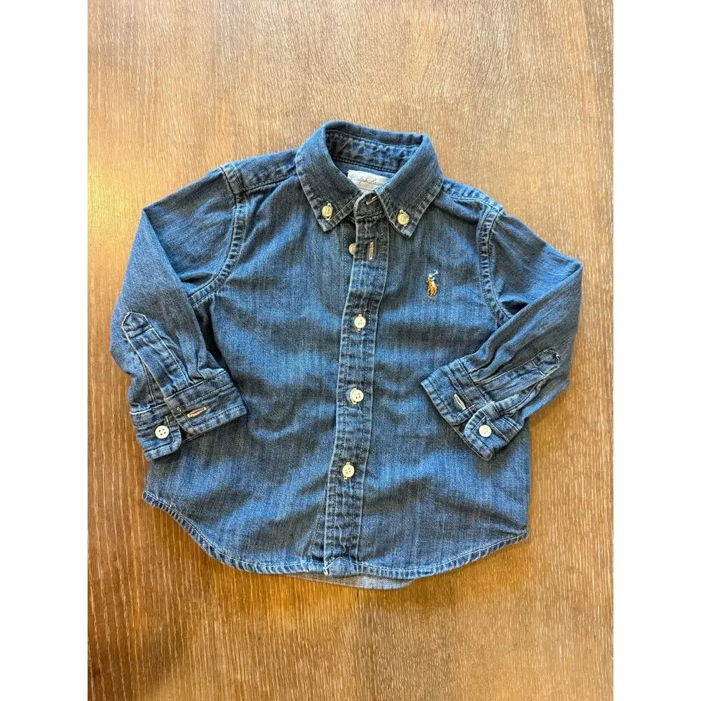 RALPH LAUREN Denim Jean Solid Button Down Shirt Infant Kids 12 months